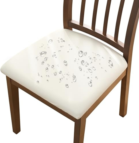 Alishomtll Dining Chair Covers Set of 6 PU Chair Seat Slipcovers Waterproof Chair Covers Removable Seat Covers with Fixing Buckle for Dining Room Kitchen Garden Office (Beige, 6pcs)
