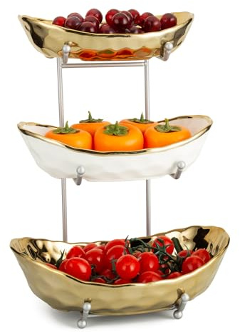 Simcat 3 Tier Fruit Bowl for Kitchen Counter, Ceramic Stand Serving Bowl with Metal Rack, Tiered Fruit Basket for Fruit Vegetable Cake Snack Dessert for Party Wedding (Gold)