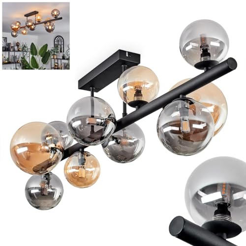 HOFSTEIN Deckenleuchte Chehalis, 10-flammige Deckenlampe aus Metall/Glas in Schwarz/Bernstein/Rauch, Leuchte im Vintage-Design, Ø Schirme 10; 12; 15 cm, G9, Esszimmer, Schlafzimmer, Wohnzimmer, Küche