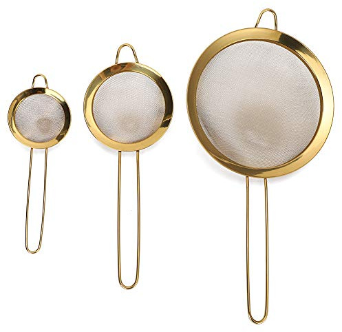 Stainless Steel Fine Mesh Oil Strainer, Set of 3 Sizes Flour Sieve Sifters with Long Handle Food Strainer Cocktail Tea Coffee Juice Strainer for Kitchen Gold