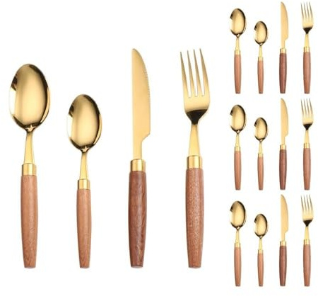 Royal Shang Youpin Manche en Bois Unique Cuisine en Acier Inoxydable Argenterie Vaisselle Couverts Ensemble De Couverts Couteau À Steak Fourchette Cuillère Cuillère À Café (Or,16 pièces)