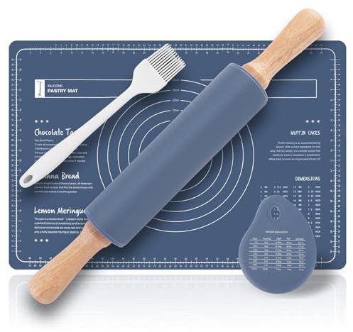 Metamorisy,Juego de 4 alfombrillas de rodillo y silicona, rodillo para masa madera+alfombrilla de masa+pincel, tapete silicona cocina (60 x 40), rodillo cocina 38 cm(azul) (azul)