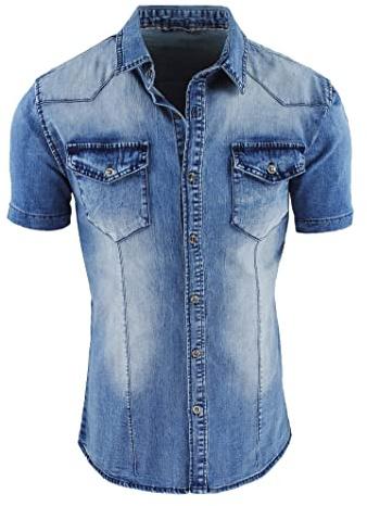 Evoga Camicia di Jeans Uomo Casual a Manica Corta Slim Fit Denim Aderente Estiva (IT, Testo, XXL, Regular, Regular, Denim Blu)