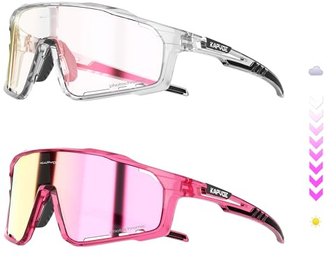 KAPVOE Vollrahmen Selbsttönende Fahrradbrille UV400 Herren Damen K76 | Linse & Rahmen photochromatisch, Linse klar zu Pink, UV400, 3-stufiges Nasenpad