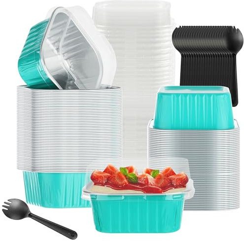 Mini Aluminum Pans with Lids, BAKINGPAK 50PCS 5OZ Cupcake Liners with Lids Mini Cake Pans with Lids Individual Cake Pans with Lids Baking Cups with Lids Mini Cake Tins with Lids for Wedding, Blue