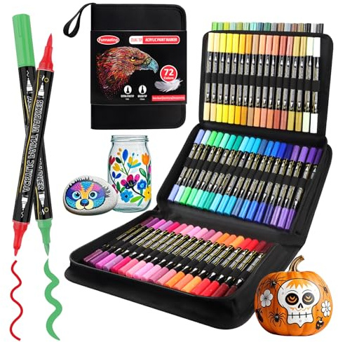 Funnasting Acrylic Paint Pens, 72 Colors Dual Tip Acrylic Markers, Glass Paint Pens with Brush Tip and Fine Tip for Rocks, Wood, Canvas, Stone, Ceramic Surfaces, DIY Crafts Making