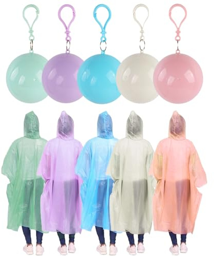 CocCCoon 5Pcs Disposable Rain Ponchos, Colorful Portable Waterproof Raincoats Ball with Keychain Hook Disposable Poncho in 5 Colors for Outdoor Use Plastic Ponchos Adults Disposable Emergency Poncho