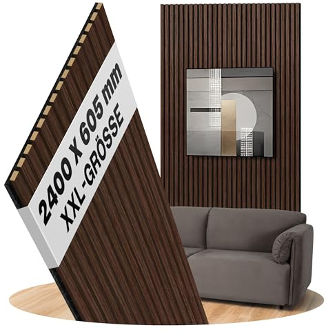 Akustikpaneele Eiche geräuchert Wanpaneele Filz Schwarz, Oberfläche: Echtholz Format: 2400 x 605 mm - Akustikpaneele als Wandverkleidung aus Holz - Lamellenbreite: 27 mm (Eiche geräuchert)
