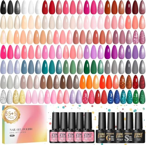 PEACECOLOR 60PCS Gel Nail Polish Set: Gel Nail Polish Starter Kit White Nude Glitter Red Colours with Base Coat and Glitter Matte & Glossy Top Coat Manicure Kit DIY Home Gifts for Women
