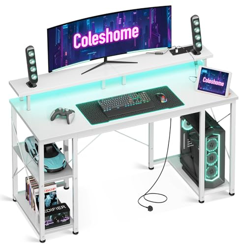 Coleshome Gaming Desk with LED Lights, 120x50 cm, Carbon Fiber White | Computer desk with Power Outlets, Gaming PC Table with Monitor Stand, Storage Shelves, CPU Stand