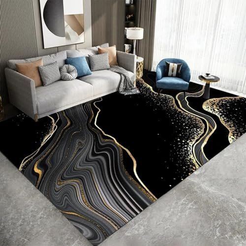 Marmor-Teppich für Wohnzimmer, nordischer abstrakter Schwarz-Grau-Gold-Teppich für Schlafzimmer, Nachttischmatte, minimalistischer Kunstdekor-Teppich, weich, waschbar, 240 x 300 cm (95 x 118 Zoll)