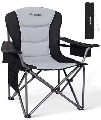 KingCamp XXL Campingstuhl Faltbar bis 205 kg, Übergroßer Camping Stuhl Klappbar Gepolster mit Verstellbarer Rückenlehne Kühltasche Getränkehalter, Klappstuhl Camping mit Hochlehner Bequem, Schwarz