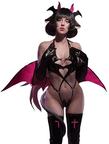 KORURACLUB Disfraz de súcubo (conjunto de 6 piezas) Lencería de cosplay de PU negra de primera calidad para mujer Lencería de diablo de alas rojas (XL)