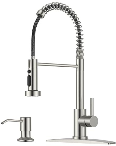 FORIOUS Kitchen Faucet with Soap Dispenser, Stainless Steel Kitchen Sink Faucet with Pull Down Sprayer Burhsed Nickel Single Handle Modern Spring Commercial for Laundry Room RV Camp Bar Farmhouse