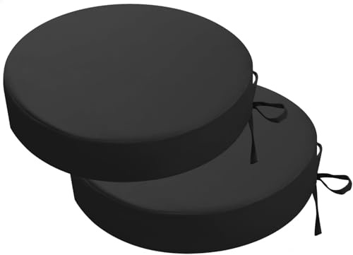 PRIMEPATIO Round Outdoor Chair Seat Cushions Set of 2, 38x38cm, Black | 7cm Thick, Waterproof Round Seat Pads with Ties for Patio Bistro Chairs, Garden Furniture and Outdoor Seating