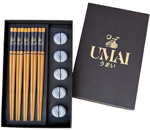 UMAI Set di bacchette giapponesi | 5 paia riutilizzabili + 5 supporti in ceramica | Ideale per cibo cinese e sushi | Astuccio elegante