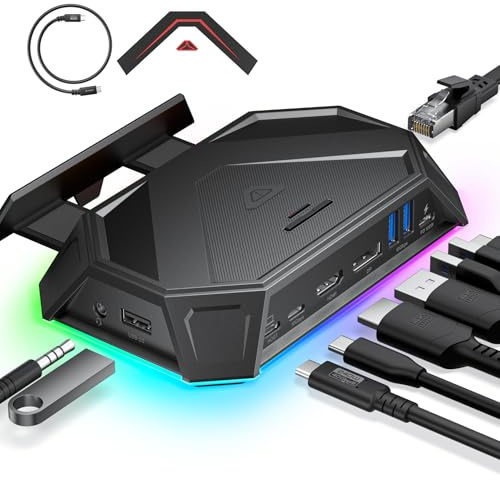 JSAUX Estación de Acoplamiento RGB para Steam Deck OLED, ROG Ally y Legion Go, Dock Portátil 12 en 1 con HDMI y DisplayPort 4K 120Hz, Ethernet Gigabit, USB C 3.2, USB A 3.2, SD TF, Jack 3,5 mm, Negro | 4K@120Hz HDMI y DisplayPort, compatible con VRR, carga PD de 100 W, USB 3.2, Gigabit Ethernet, 6 modos RGB, ranuras SD/TF