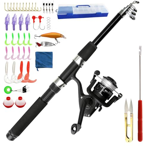 Kids Fishing Rod Starter Set - Kids Fishing Pole 1.5m Telescopic with Spincast Reel and Hooks Lures, Fishing Pole Fishing Gear for Kids Boys Girls