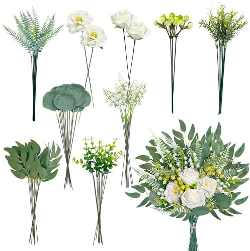 SHEPIN 67 Stück Kunstblumen und Künstliche Zweige, Kunstblume Hortensien und Eukalyptus, Künstliche Blumen wie echt & Dekozweige für DIY Kunstblumenstrauss Brautstrauß Blumenstrauß