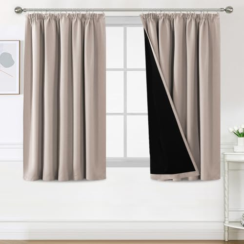 H.Versailtex 100% Blackout Curtains for Bedroom, Pencil Pleat Black Out Living Room Curtains Super Soft Thermal Insulated Curtain Pair Panel with Tiebacks, W66x L54 Inch, 2 Panels, Natural Sand