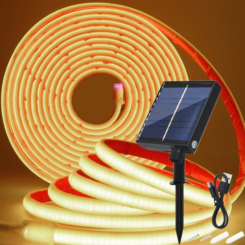 Wisada 24V Solar COB Neon Band, 8 Modi Lichtband Außen IP68 Lichterkette Selbstklebend, 320LEDs/m Superheller COB LED Stripe Cuttable LED Streifen für Terrasse, Innenhof (Warmweiß，0.5m)