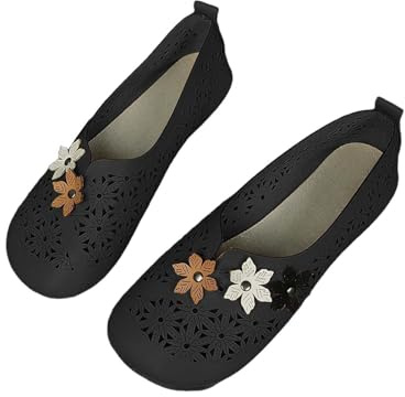 Wide Fitting Summer Ladies Footwear, Closed Toe Flat Shoes For Women Breathable Wide Fit Pumps Lightweight Stylish Casual Shoes Comfortable Fit Leather Moccasins Hollow Out Flat Shoes