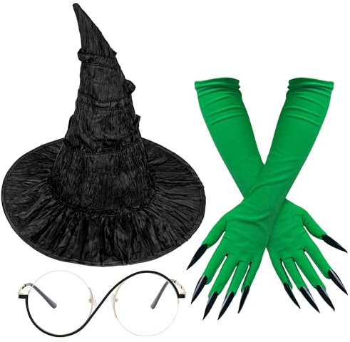 Horolam Elphaba Kostüm, Böse Hexe Kostüm Zubehör Schwarz Hexenhut mit Brille Grün Handschuhe für Frauen für Karneval Halloween Cosplay Dress Up
