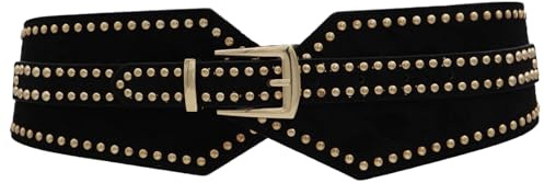 Women Wide Elastic Waist Belts Black Stretchy Thick Belts for Women Dresses Gold Rivets Studded Belt Lady Girls Vintage Chunky Girdle Retro Cinch Waistband Trendy Ladies Y2K Adjustable Weatern Belt