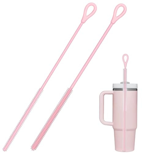 2Pcs Silicone Straw Cleaner Brush, Reusable Straw Brush Extra Long for Cleaning Glass Metal Smoothie Straws and Straw Cups, Non-Slip Handle Soft and Bendable, 9mm&6mm