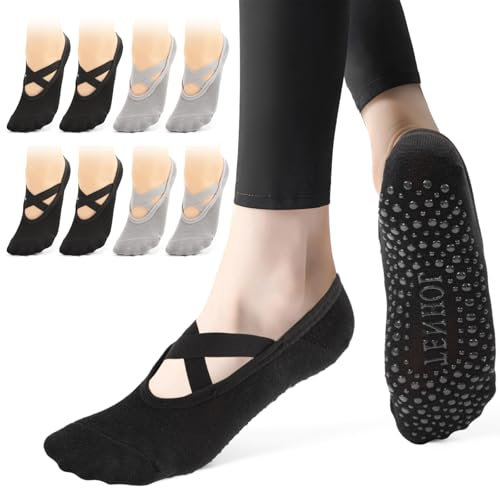 Bafiwu 4 Paires Chaussettes Pilates Chaussettes Antidérapantes Femme.Coton Yoga Chaussette Pilates Reformer Socks, Kit Pilates Maison Pilates Accessoires pour Pilates, Yoga, Ballet, Sport,Danse