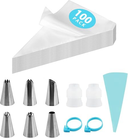 100 Pcs Piping Bags and Nozzles Set, 12 Inch for Cake Cupcake Dessert Cookies Decoration, Icing Bags Disposable with 1 Reusable Piping Bags, 6 Nozzles, 2 Couplers, 2 Bag Ties