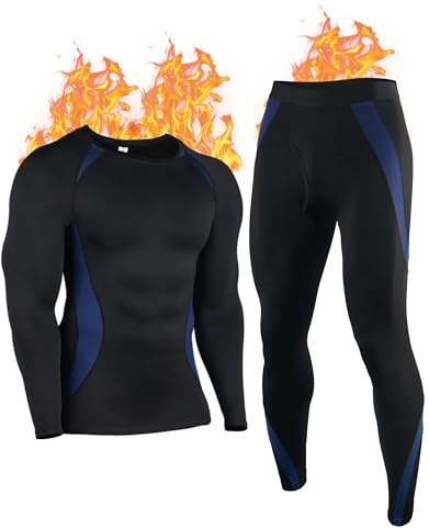 YESWEL Thermal Base Layer for Men, Long Johns & Long Sleeve Tops, Ski Thermal Underwear Set, Quick Dry Fleece Lined Bottoms (Blue, L)