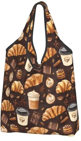 Sacs d'épicerie réutilisables avec poignées - Motif pain de café, Noir/blanc, 3 PCS
