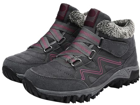 Womens Winter Warm Casual Faux Fur Lined Snow Boots Running Shoes Outdoor Indoor Hiking Camping Climbing Waterproof Booties Wide Fit Adjustable Strap Orthopedic Barefoot Yard Ankle Boots Grey