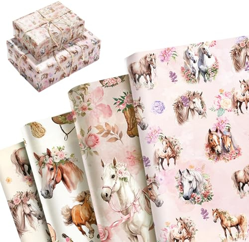 Encuryna Halloween Geschenkpapier, 12 Stück Geschenkpapier Geburtstag Pony für Mädchen & Jungen mit Pferdemotiv, keine Rolle, Aquarell-Blumenpferd, 68.6 x 58 cm