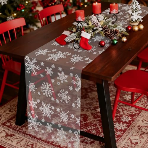 Tischläufer Weihnachten Rolle, Silber Organza Stoff Weihnachtstischläufer Schneeflocken Weihnachts Tischläufer Weihnachtsdeko Innen 28 x 920 cm, Weihnachtsläufer Tisch Tischdecke für Modern Tischdeko