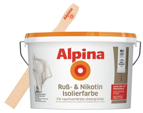 Alpina Ruß- & Nikotin Isolierfarbe 5 Liter Weiß matt – Spezialfarbe zur effektiven Abdeckung – inkl. gratis Rührholz