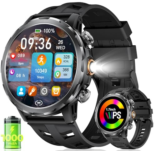 BENYAR Reloj Inteligente Hombre con 1000mAh/Linterna/1.7'' HD Grande Smartwatch Hombre con Llamadas/Doble Carga/IP68 Impermeable/100+ Modos Deportivos/Pulsómetro/Sueño/Pulsera Actividad Android iOS