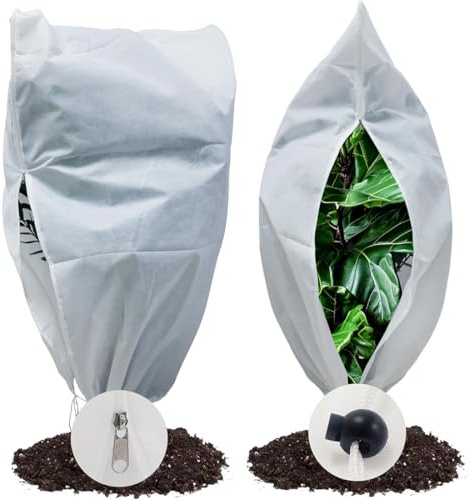KIRZAX 2 Cappucci Protezione Piante Inverno, 80x120cm Antigelo per Piante in Vasche, Tessuto Non Tessuto, Bianco con Cerniera/Cordone per Alberi/Palme