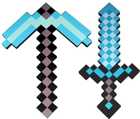 Dhqkqg Pickaxe and Sword Toys, 2 Pack Foam Sword and Pickaxe, Kids Role-Play Battle Accessory, Foam Weapon Toy Gifts for Video Game Fans Kids Children's Day Halloween Christmas Blue