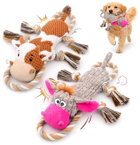 BluPup 2-Pack Squeaky Crinkle Plush Dog Toys | No Stuffing, Rope Details for Tugging, Lightweight Shapes For Carrying, Suitable for Small, Medium and Large Dogs