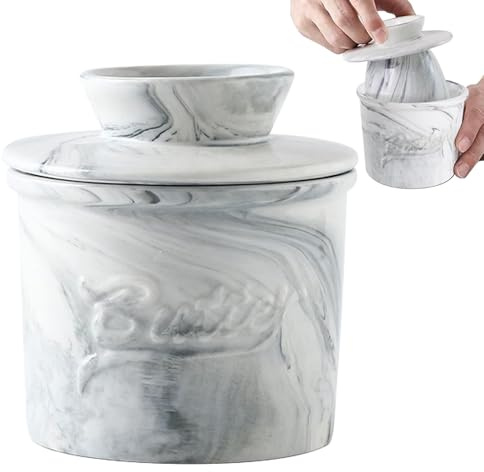 Mantequera - Mantequillera De Cerámica Blanca De 10x10 Cm Con Tapa Y Sello De Agua | Conservante De Mantequilla Para Untar Estilo Francés Para Encimera | Contenedor De Almacenamiento De Mantequilla De