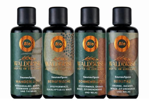 Waldbrise Saunaaufguss 4er Set - Saunaduft mit ätherischen Ölen, wohltuend, aus kontrolliert biologischem Anbau, rückstandsfrei, Konzentrat, für Kräuterbäder, Aromaschalen, Dampfbäder - 4x 100 ml