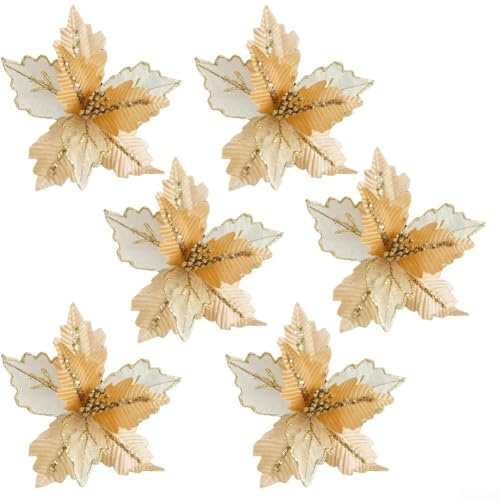 Glitzernde künstliche Blumen, 6 Stück, 25 cm, Weihnachtsstern-Stiele für Baum und Kranz, Dekoration, geeignet für Urlaubsarrangements (Gold)