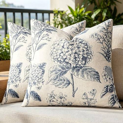Floruvia Set de 2 Fundas de Cojines Decorativas, Estampado de Flores de Hortensias Azules, Fundas Boho Vintage para Sofá Cama Sala de Estar Verano Decoración del Hogar (50x50cm)