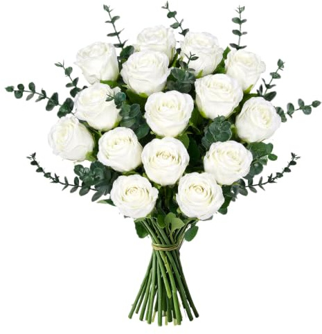 Künstlicher Strauß weißer Rosen mit Eukalyptusblättern, 26-teiliges Set aus künstlichen Seidenblumen, realistische Kunstblumen für Hochzeiten, Heimdekoration, Tischdekoration und Partydekoration