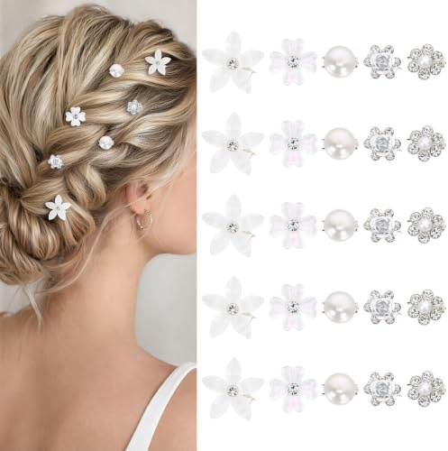 Épingles à Cheveux Fleurs Blanches et Perles pour Femmes 25 Pièces