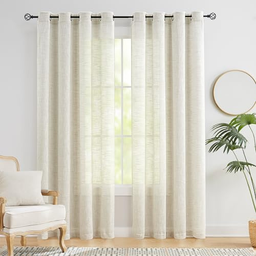 Treatmentex Leinen Gardinen mit Ösen 136cm Breite Slub-Textur Halbtransparent Ösenvorhang Gardinen Beige Leinenoptik Lichtdurchlässig Vorhänge für Schlafzimmer Bauernhaus Wohnzimmer-2 Stücke,136x225CM
