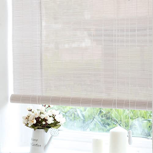 Natürliche Bambusrollo Rollo,Bambusrollo Wetterfest Aussen 60% Lichtfilter Sichtschutz Rollo Bambusjalousien,Seitenzugrollo Für Fenster Und Türen Wanddekoration,Weiße (120x260cm/47x102in)