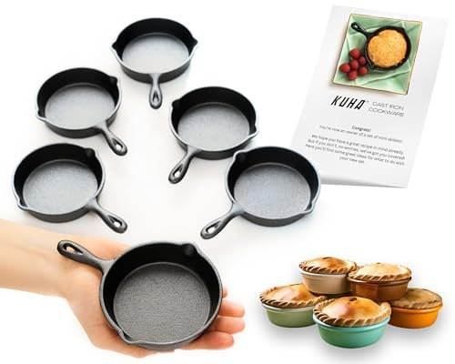 KUHA Lot de 6 mini poêles miniatures pré-enduites en fonte de 10,2 cm avec 6 petits dessous de plat en silicone et un grattoir en fonte